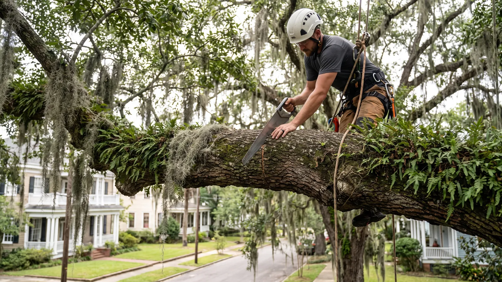 Arborist on a rope making a pruning cut on a huge live oak limb covered in resurrection fern and Spanish moss