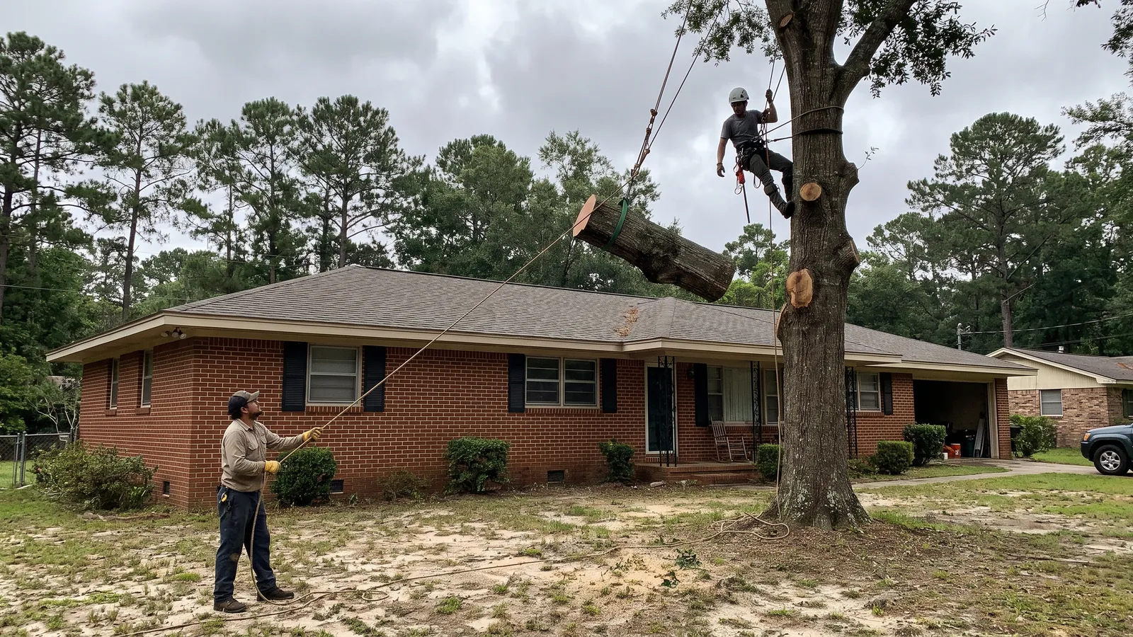 Climber roping down a section of water oak trunk over the roof of a brick ranch house in Mobile