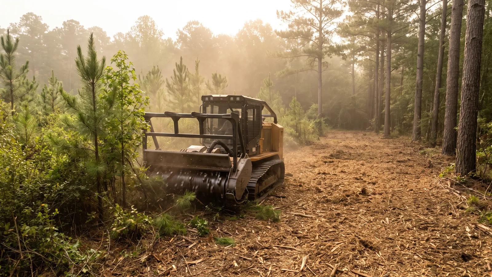 Forestry mulcher clearing underbrush, small pines and sweetgum from a wooded lot in west Mobile