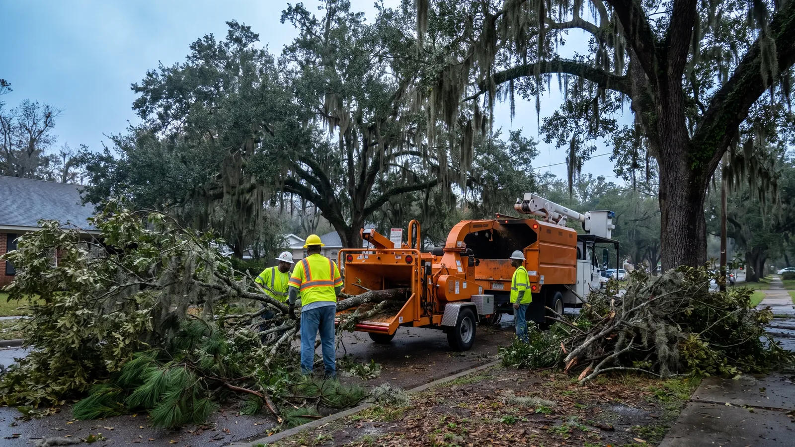 Crew feeding hurricane-downed oak and pine limbs into a chipper on a tree-lined Mobile street the morning after the storm