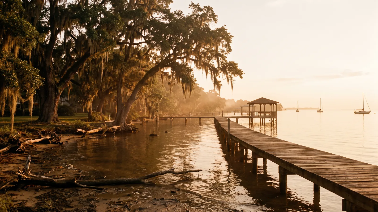 Ancient live oaks with Spanish moss along the shore of Mobile Bay at golden hour, a pier reaching into the water