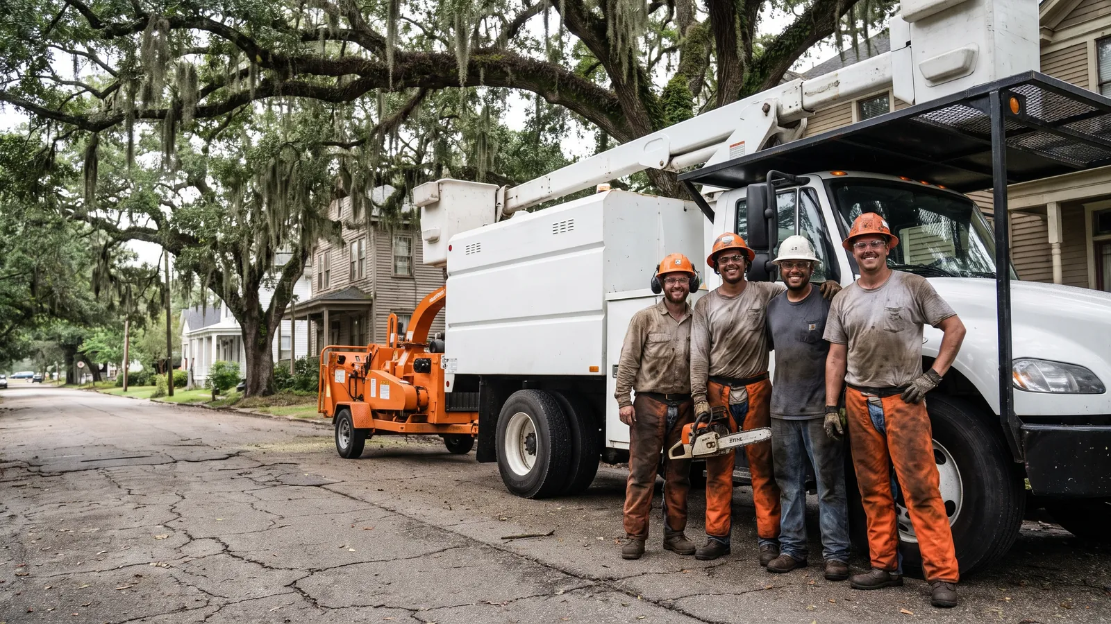 The Mobile Tree Co. crew with their bucket truck and chipper under Spanish-moss-draped live oaks on a Mobile street