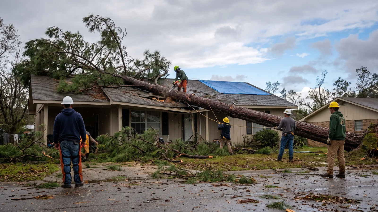 Tree crew cutting a loblolly pine that fell across a house roof after a hurricane on the Alabama Gulf Coast