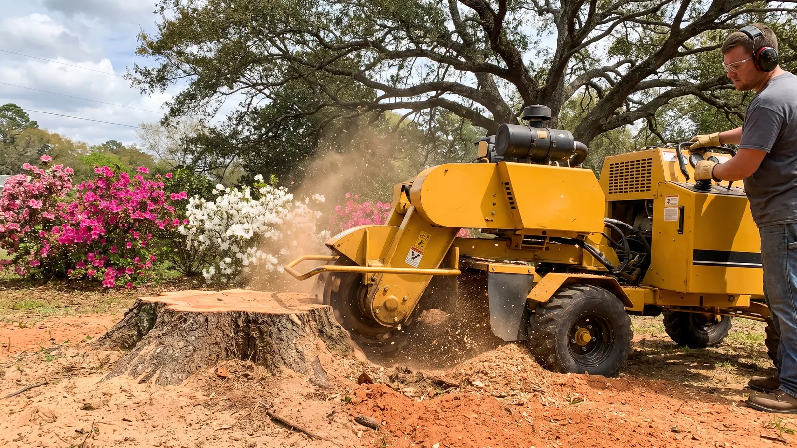Stump grinder working a pine stump below grade in a sandy south Alabama front yard